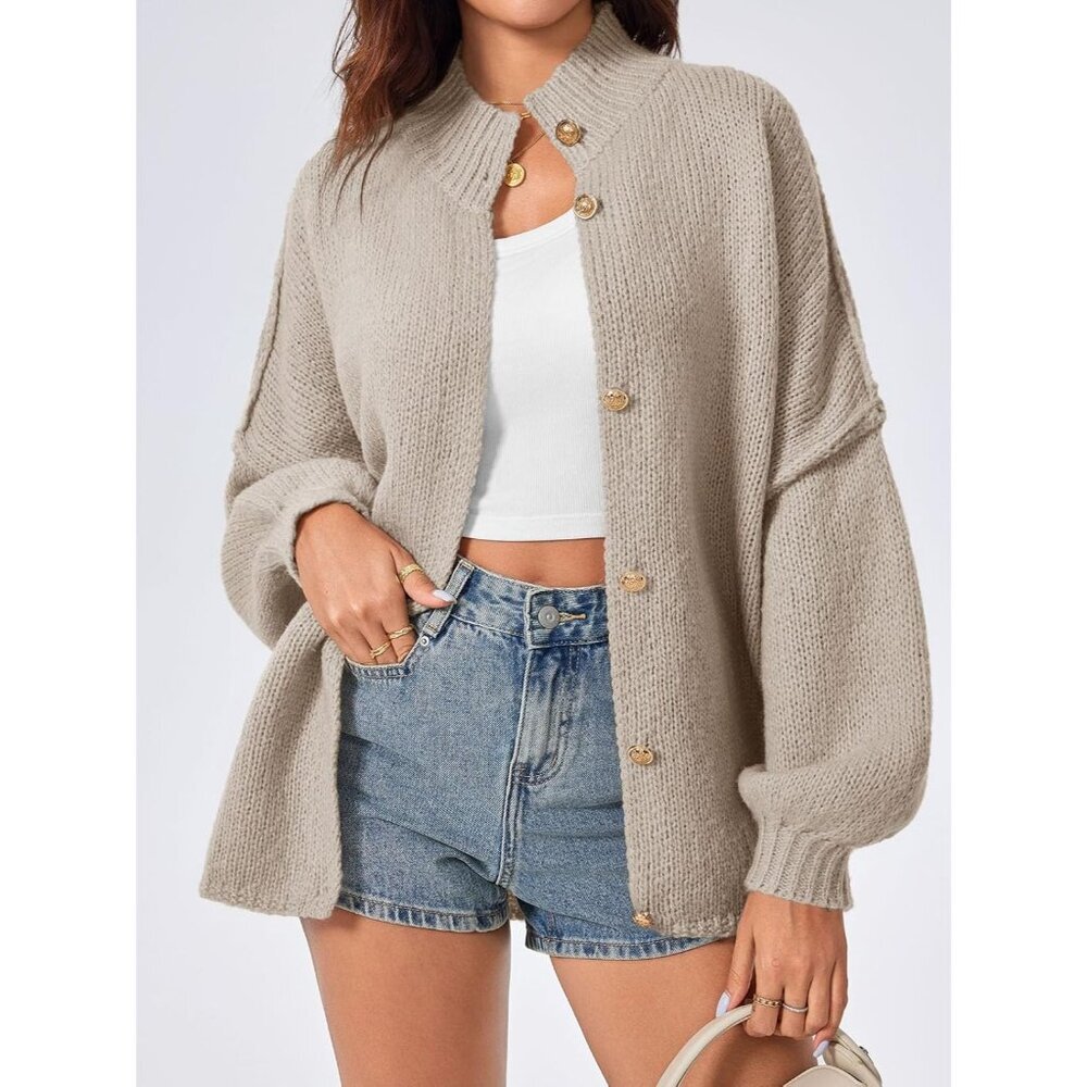 Women's Khaki Oversized Cardigans Button Down Chunky Fall Sweater Coats - Picture 2 of 5